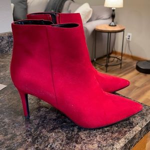 Red suede skinny heeled booties